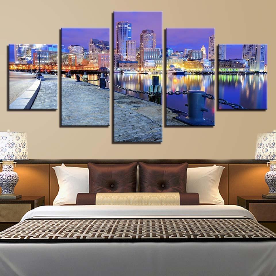 City Building Night View 5 Piece HD Multi Panel Canvas Wall Art Frame-Original Frame