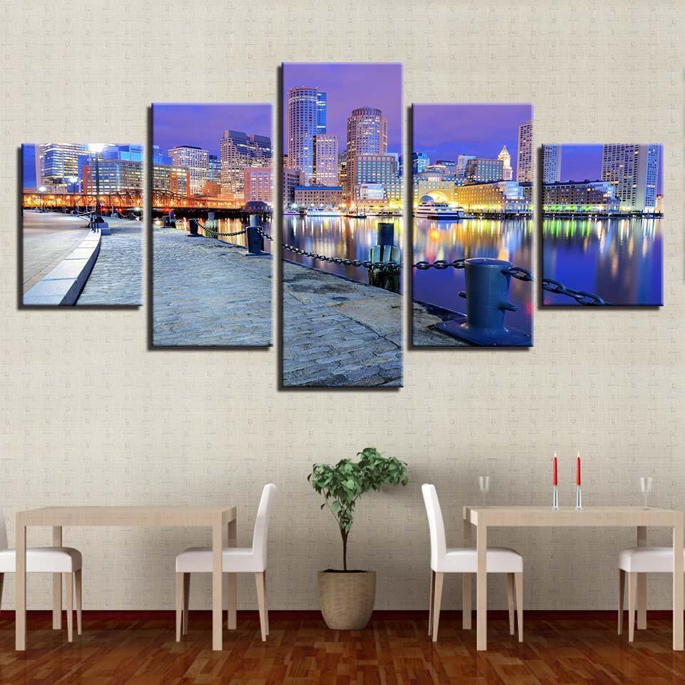 City Building Night View 5 Piece HD Multi Panel Canvas Wall Art Frame-Original Frame