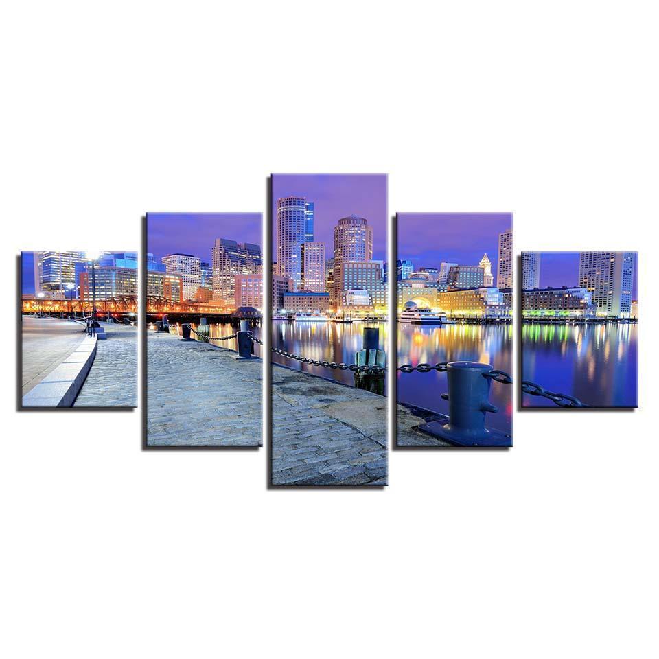 City Building Night View 5 Piece HD Multi Panel Canvas Wall Art Frame-Original Frame