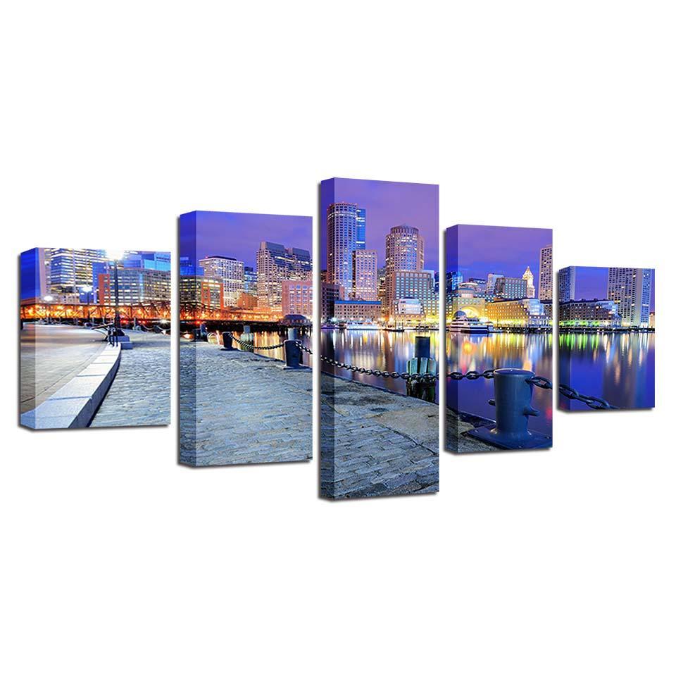 City Building Night View 5 Piece HD Multi Panel Canvas Wall Art Frame-Original Frame