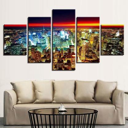 Modern City Lights 5 Piece HD Multi Panel Canvas Wall Art Frame-Original Frame