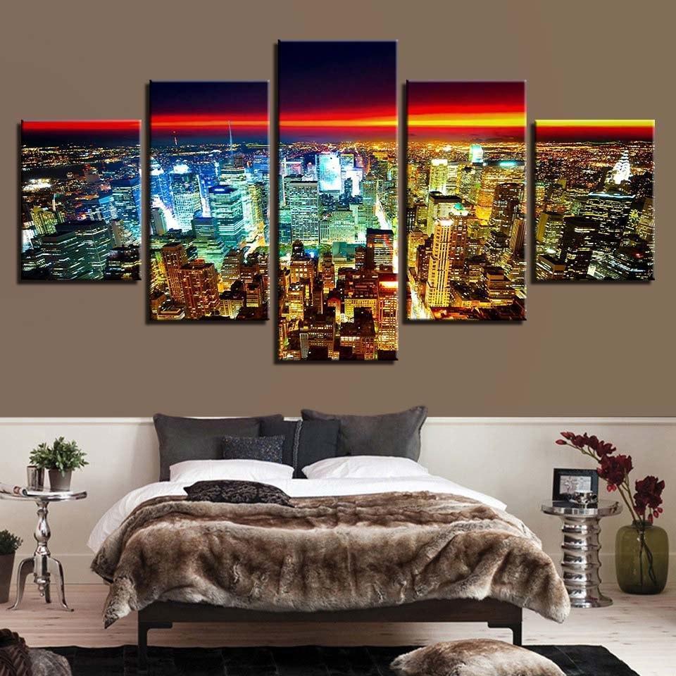 Modern City Lights 5 Piece HD Multi Panel Canvas Wall Art Frame-Original Frame