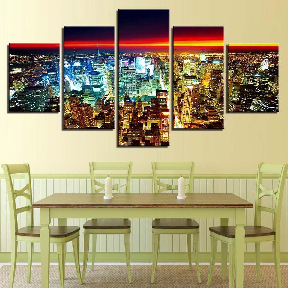 Modern City Lights 5 Piece HD Multi Panel Canvas Wall Art Frame-Original Frame