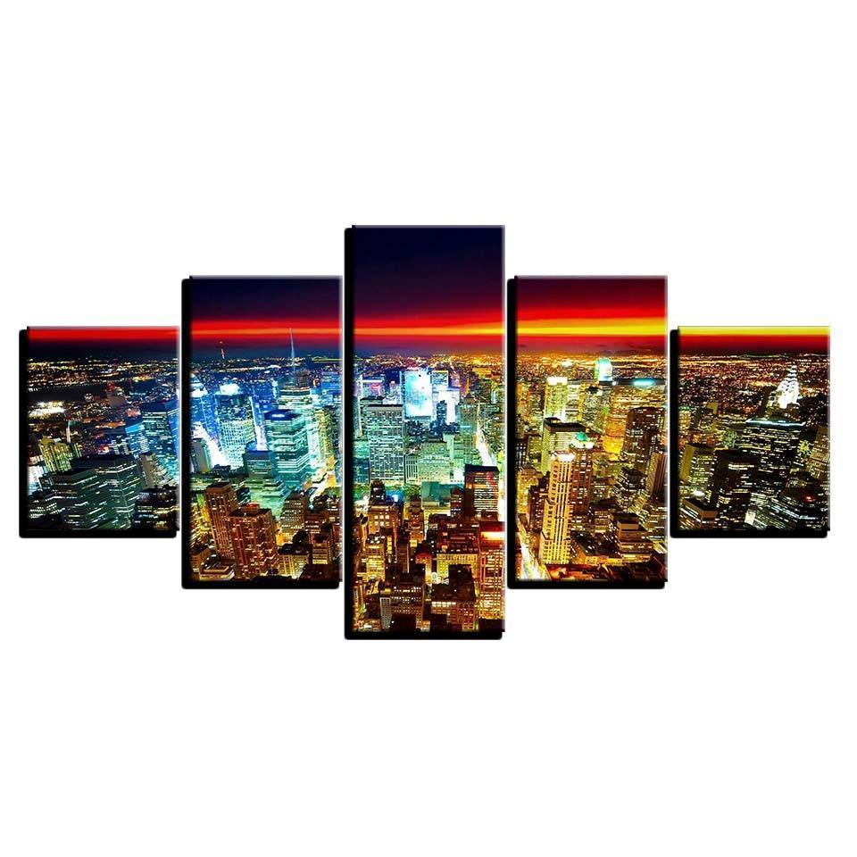 Modern City Lights 5 Piece HD Multi Panel Canvas Wall Art Frame-Original Frame