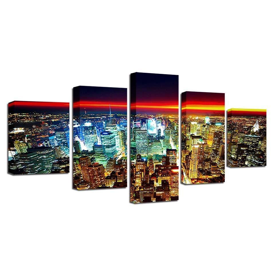 Modern City Lights 5 Piece HD Multi Panel Canvas Wall Art Frame-Original Frame