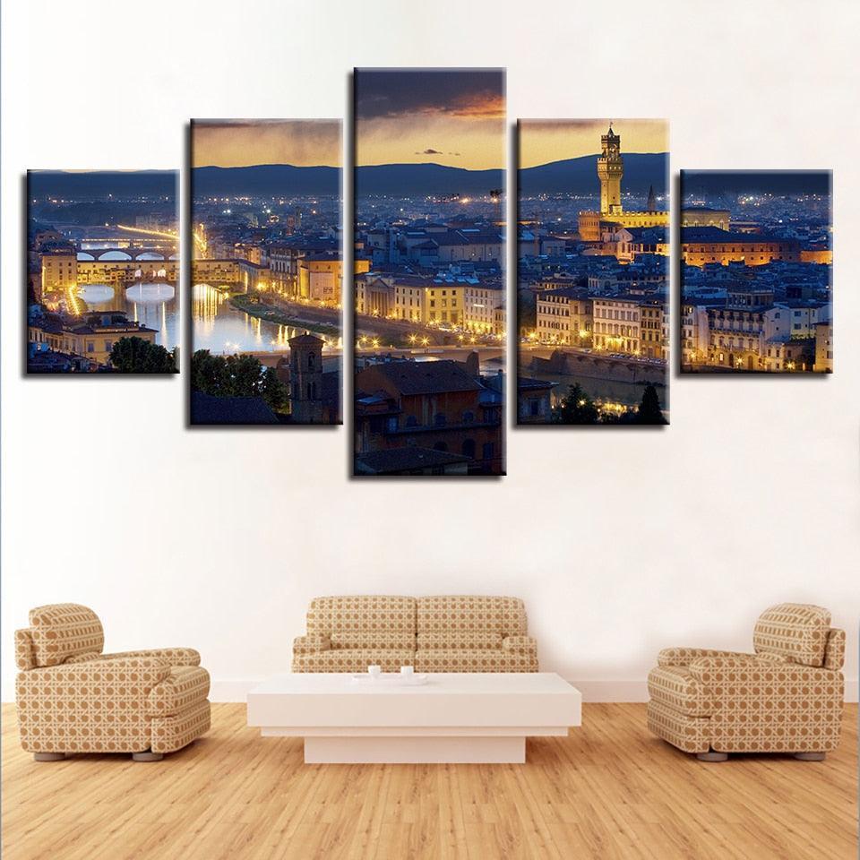 Florence Cathedral City Night 5 Piece HD Multi Panel Canvas Wall Art Frame-Original Frame