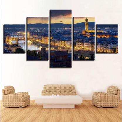 Florence Cathedral City Night 5 Piece HD Multi Panel Canvas Wall Art Frame-Original Frame