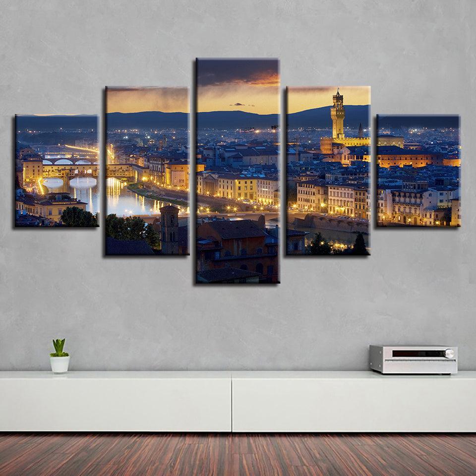 Florence Cathedral City Night 5 Piece HD Multi Panel Canvas Wall Art Frame-Original Frame