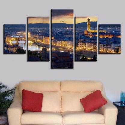 Florence Cathedral City Night 5 Piece HD Multi Panel Canvas Wall Art Frame-Original Frame