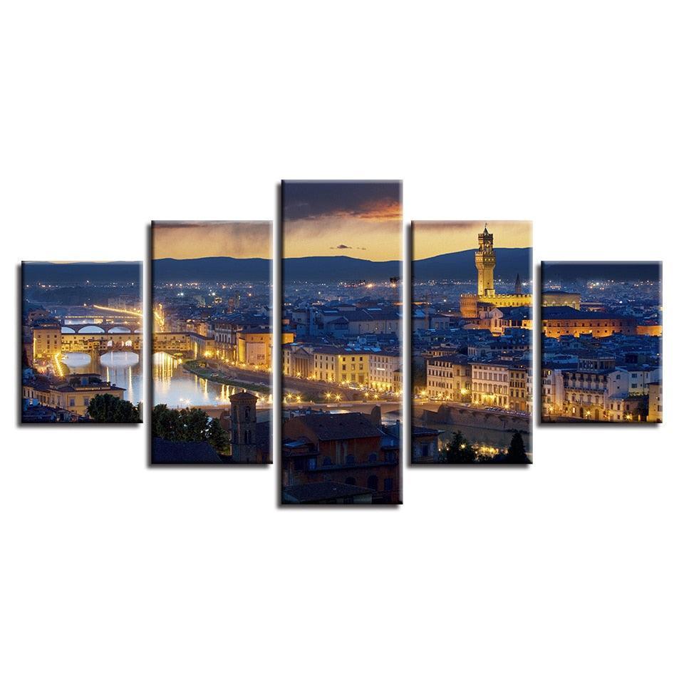 Florence Cathedral City Night 5 Piece HD Multi Panel Canvas Wall Art Frame-Original Frame