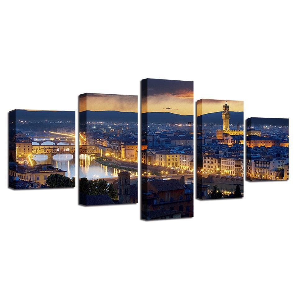 Florence Cathedral City Night 5 Piece HD Multi Panel Canvas Wall Art Frame-Original Frame