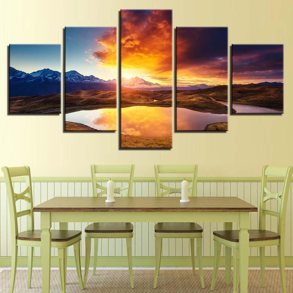 Mountain And River Sunshine 5 Piece HD Multi Panel Canvas Wall Art Frame-Original Frame