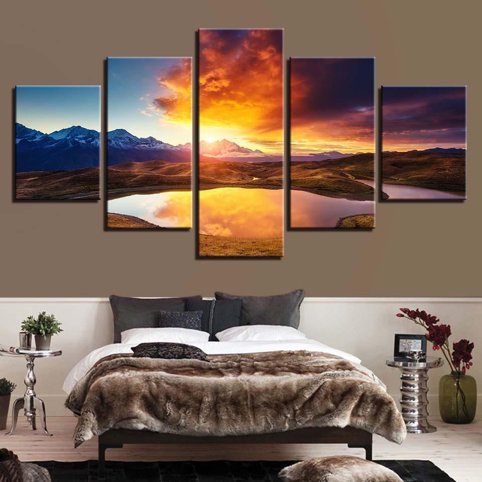 Mountain And River Sunshine 5 Piece HD Multi Panel Canvas Wall Art Frame-Original Frame