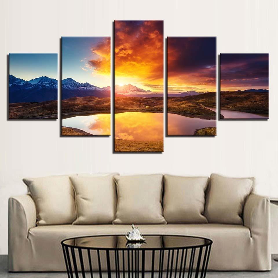 Mountain And River Sunshine 5 Piece HD Multi Panel Canvas Wall Art Frame-Original Frame