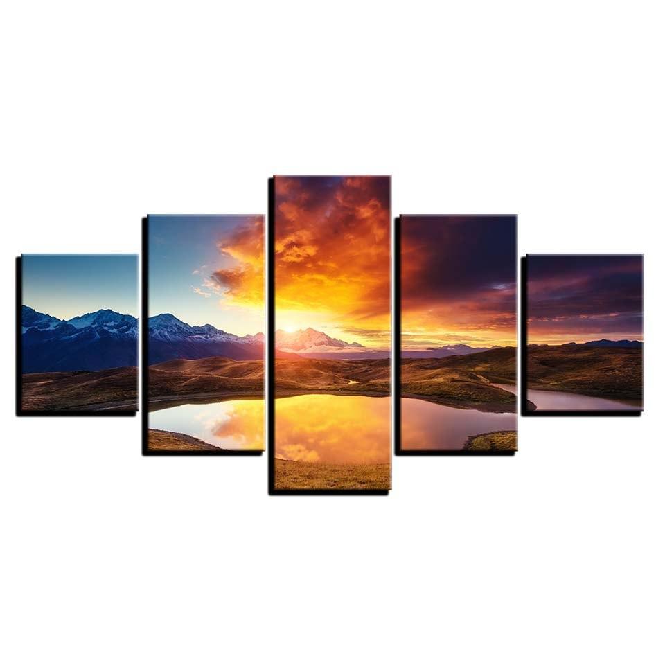 Mountain And River Sunshine 5 Piece HD Multi Panel Canvas Wall Art Frame-Original Frame