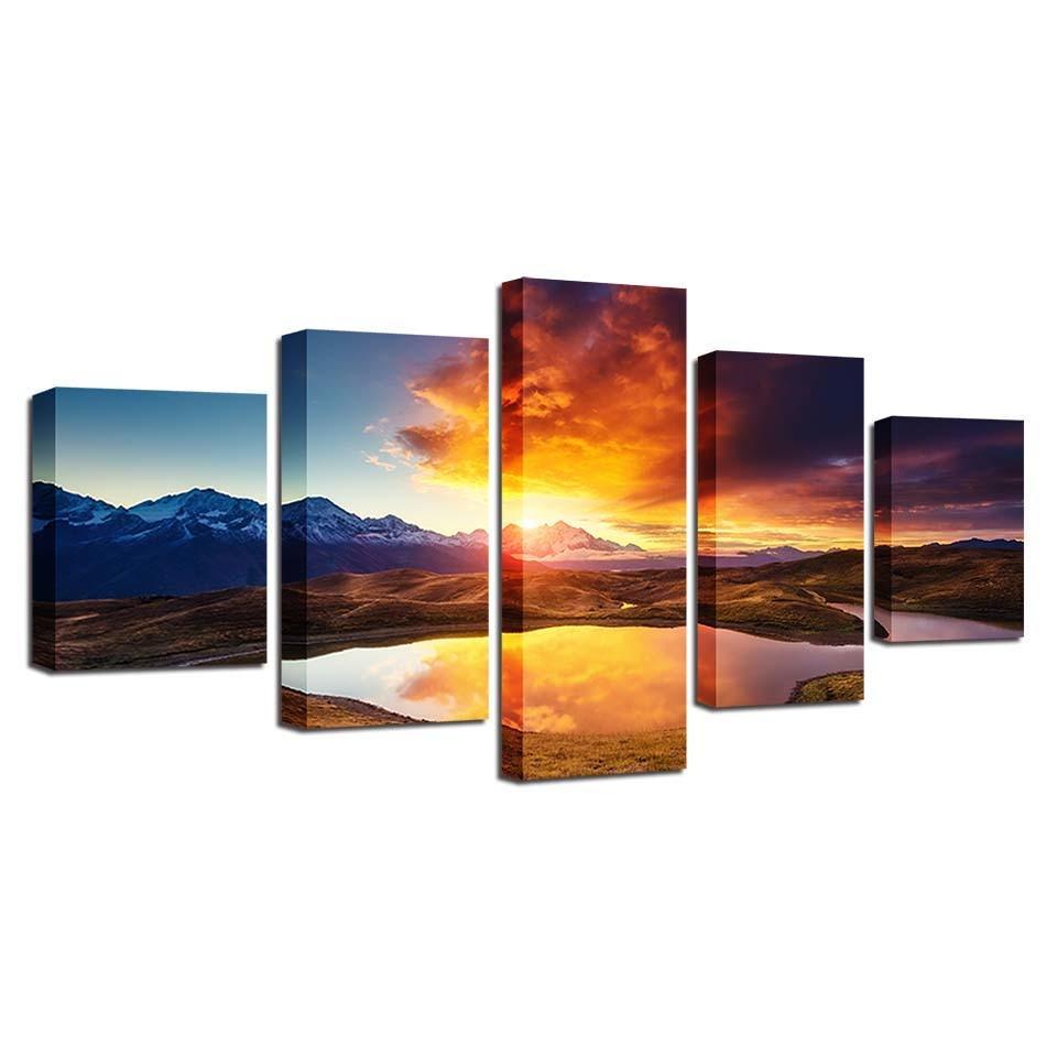 Mountain And River Sunshine 5 Piece HD Multi Panel Canvas Wall Art Frame-Original Frame