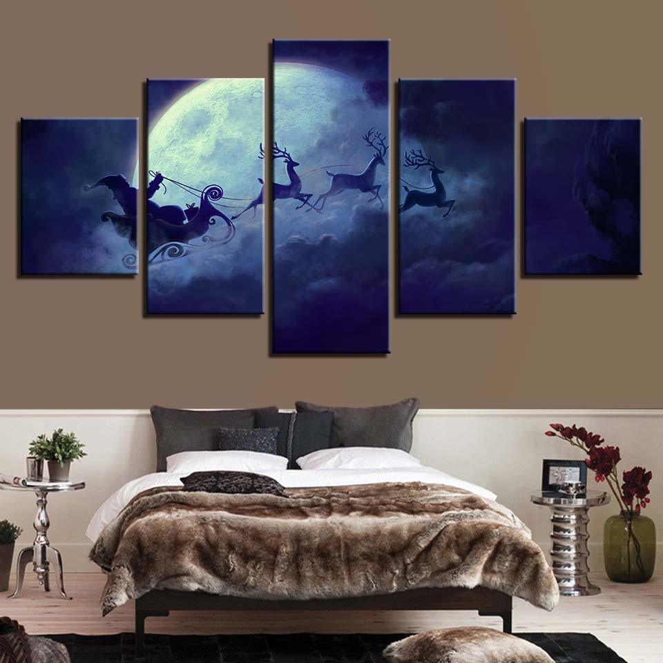 Santa On Sleigh 5 Piece HD Multi Panel Canvas Wall Art Frame-Original Frame