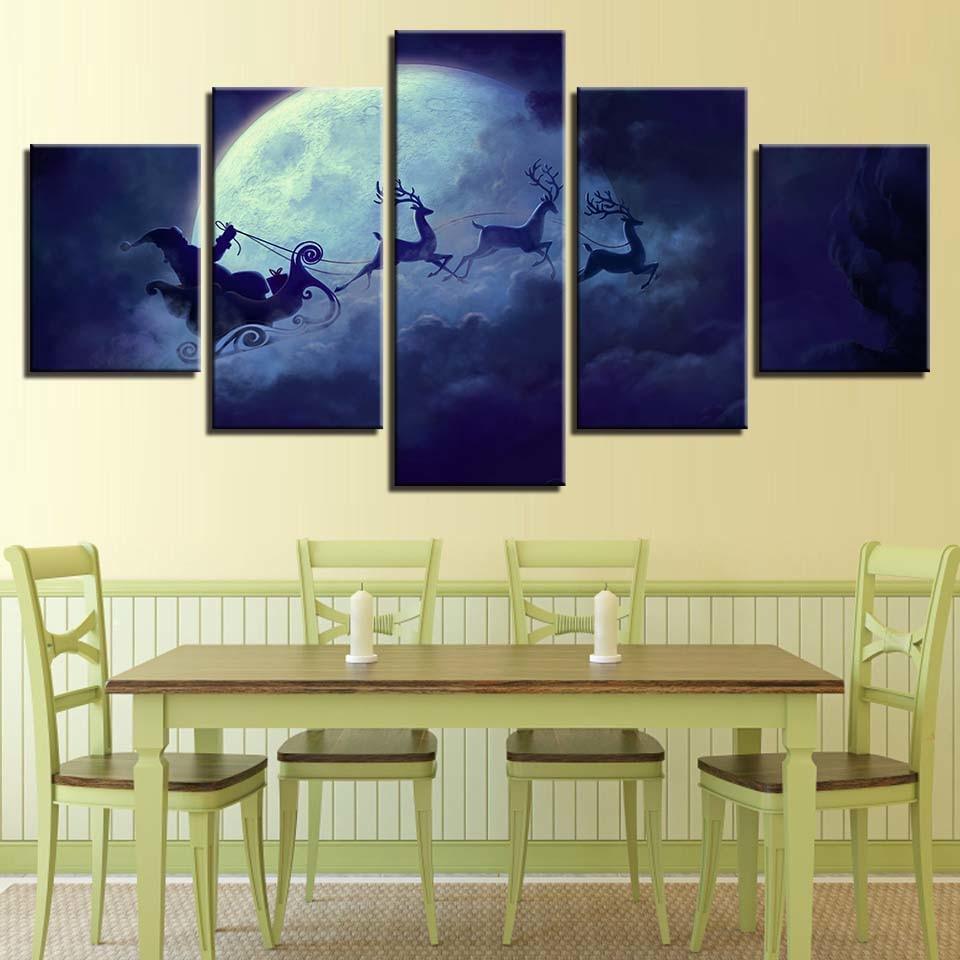 Santa On Sleigh 5 Piece HD Multi Panel Canvas Wall Art Frame-Original Frame