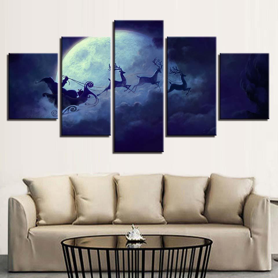 Santa On Sleigh 5 Piece HD Multi Panel Canvas Wall Art Frame-Original Frame