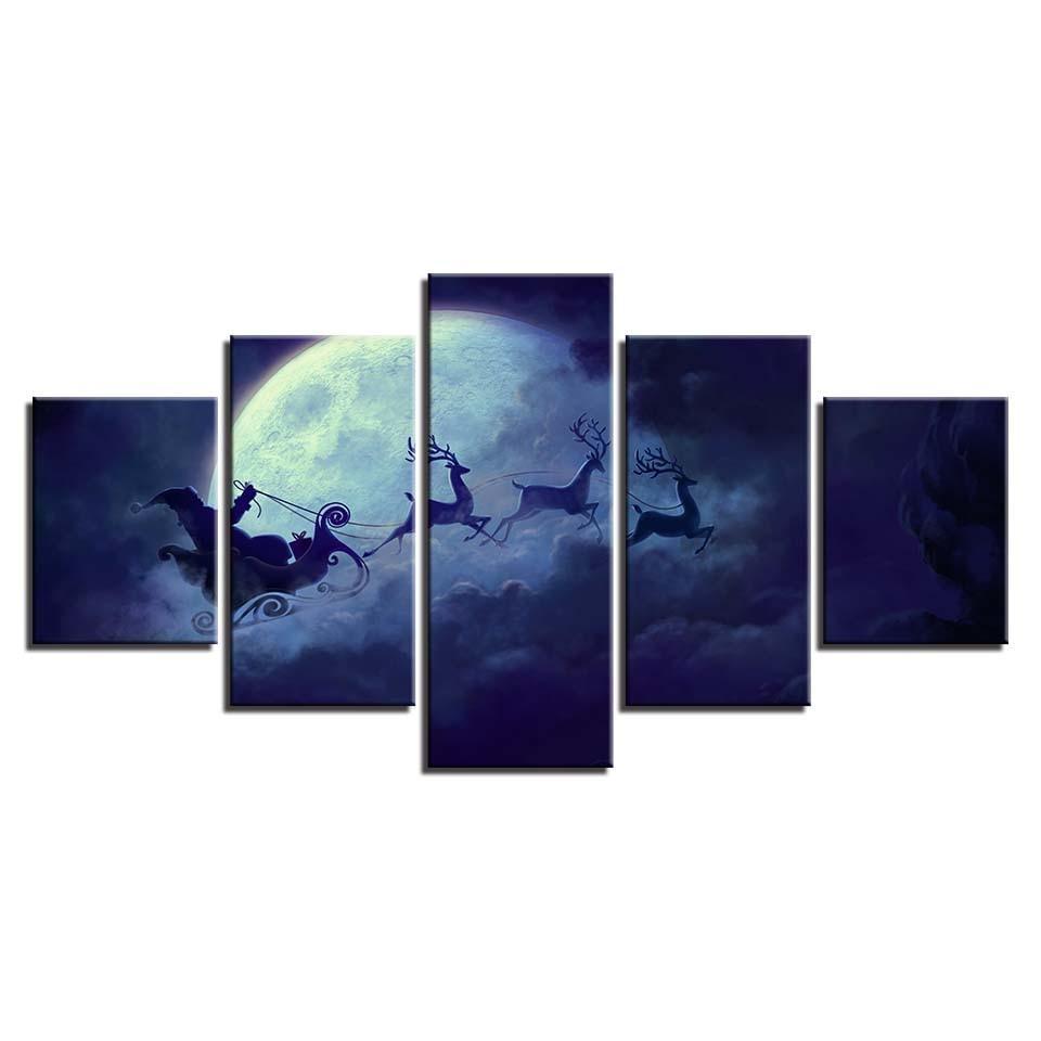 Santa On Sleigh 5 Piece HD Multi Panel Canvas Wall Art Frame-Original Frame
