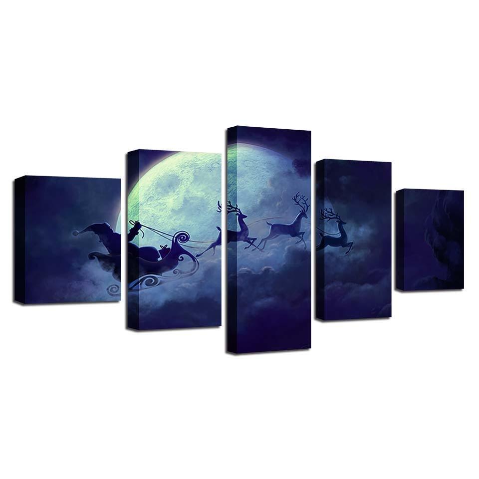 Santa On Sleigh 5 Piece HD Multi Panel Canvas Wall Art Frame-Original Frame