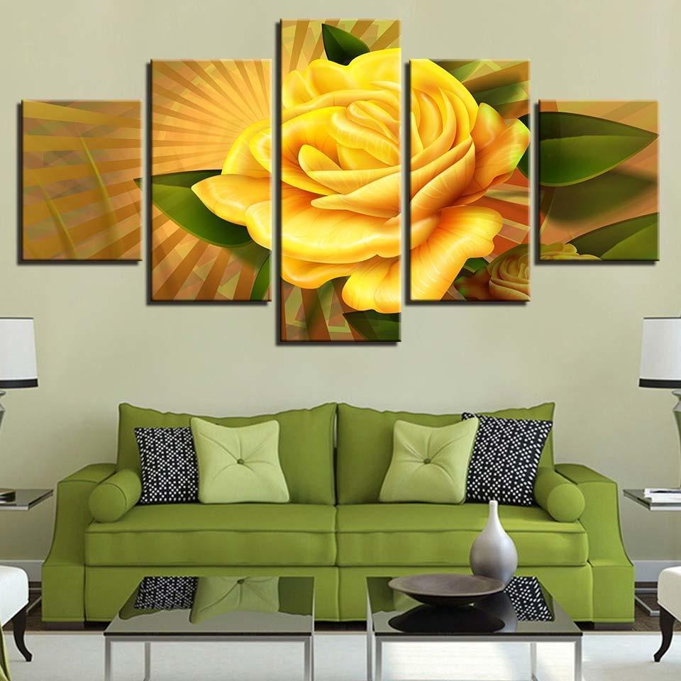 Yellow Rose Flower 5 Piece HD Multi Panel Canvas Wall Art Frame-Original Frame