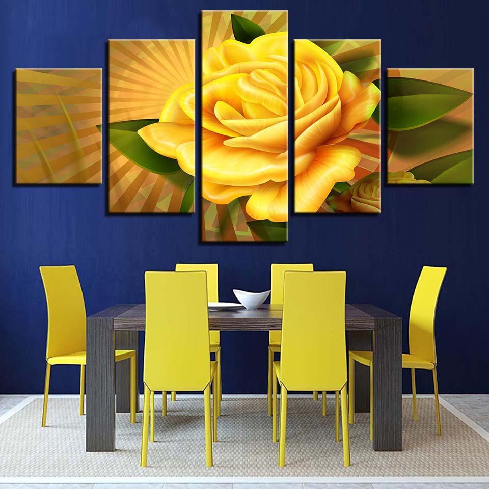 Yellow Rose Flower 5 Piece HD Multi Panel Canvas Wall Art Frame-Original Frame