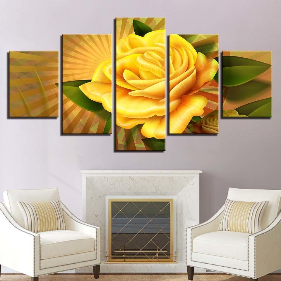 Yellow Rose Flower 5 Piece HD Multi Panel Canvas Wall Art Frame-Original Frame