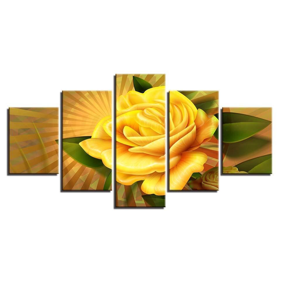 Yellow Rose Flower 5 Piece HD Multi Panel Canvas Wall Art Frame-Original Frame