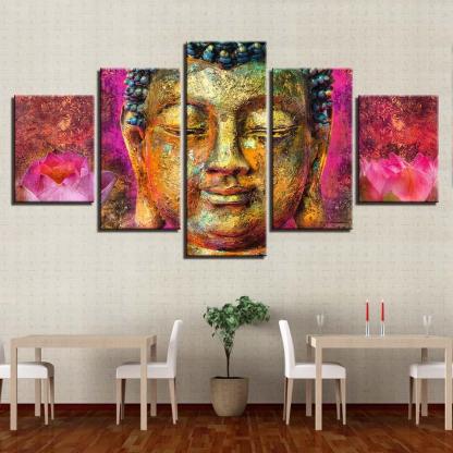 Buddha With Flowers 5 Piece HD Multi Panel Canvas Wall Art Frame-Original Frame