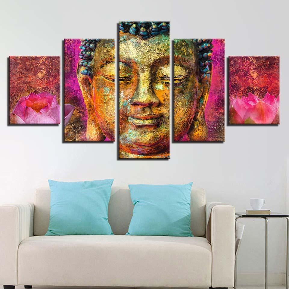 Buddha With Flowers 5 Piece HD Multi Panel Canvas Wall Art Frame-Original Frame