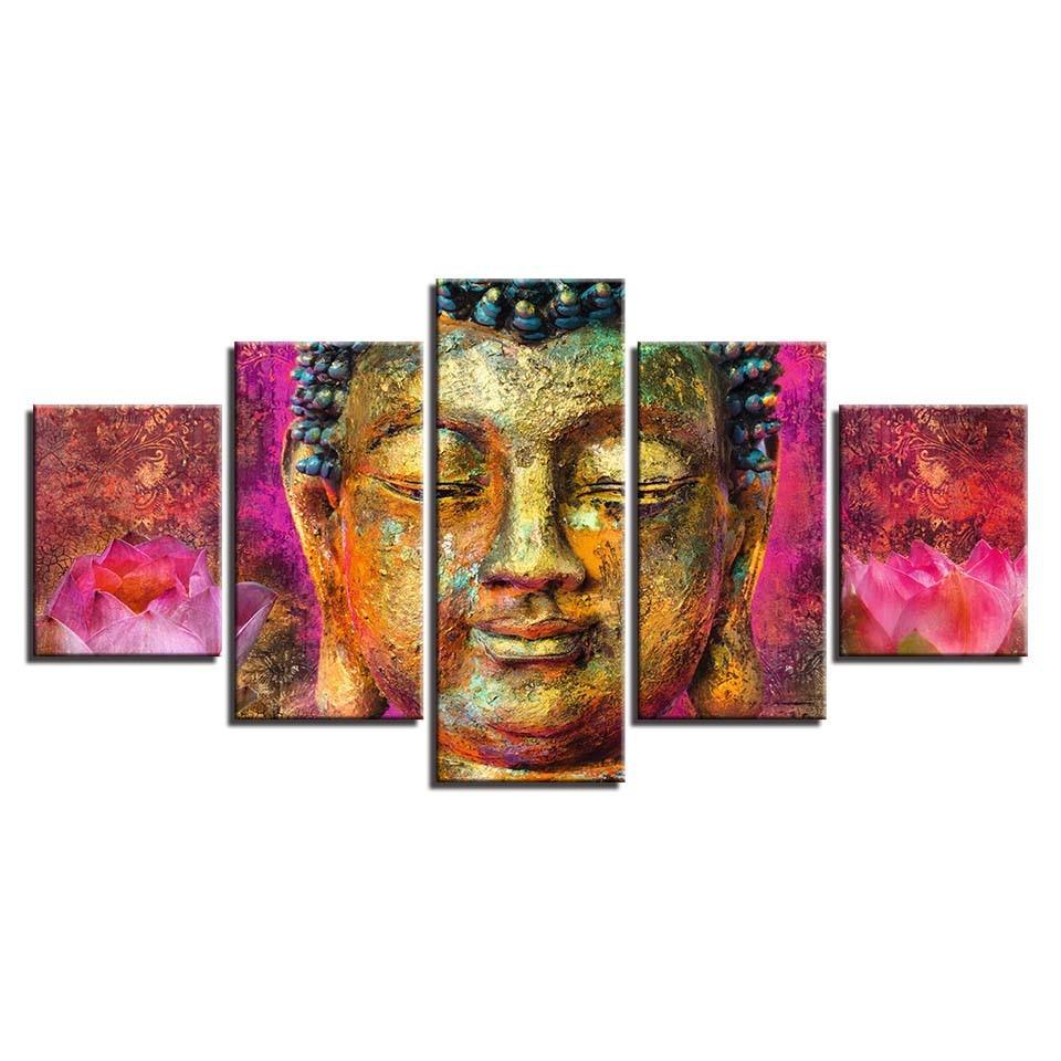 Buddha With Flowers 5 Piece HD Multi Panel Canvas Wall Art Frame-Original Frame