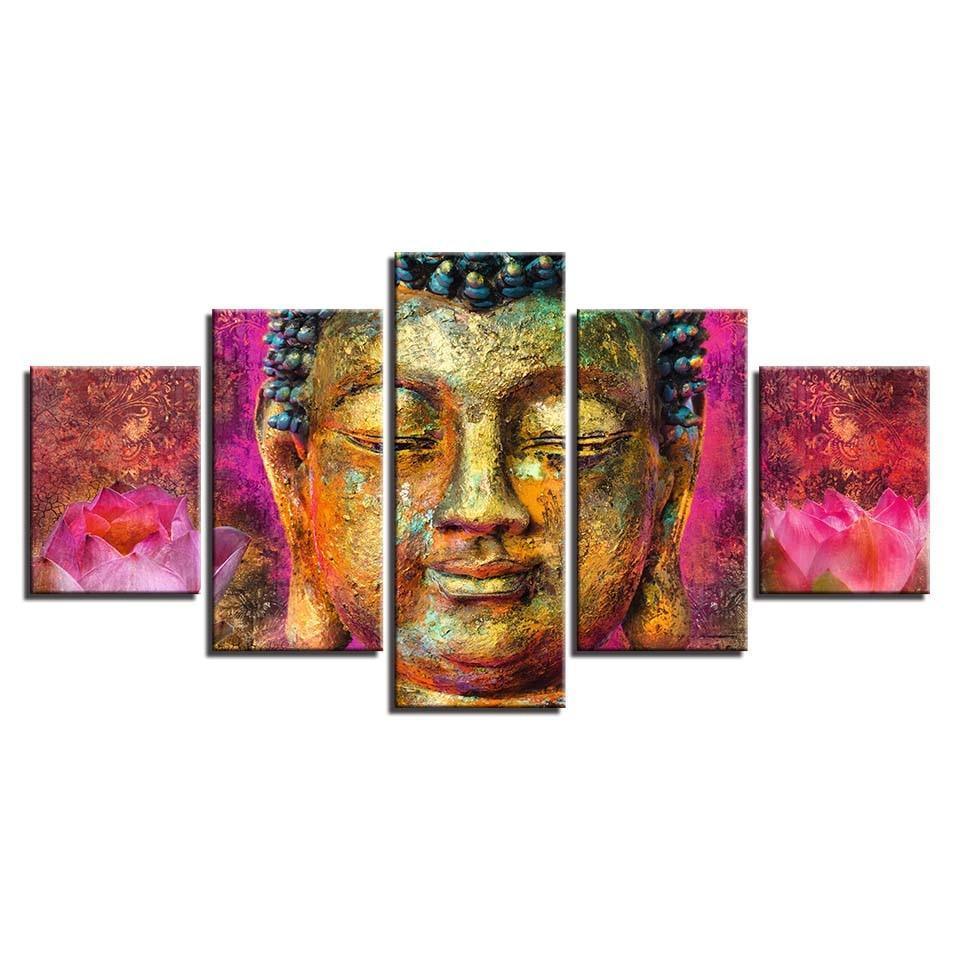Buddha With Flowers 5 Piece HD Multi Panel Canvas Wall Art Frame-Original Frame