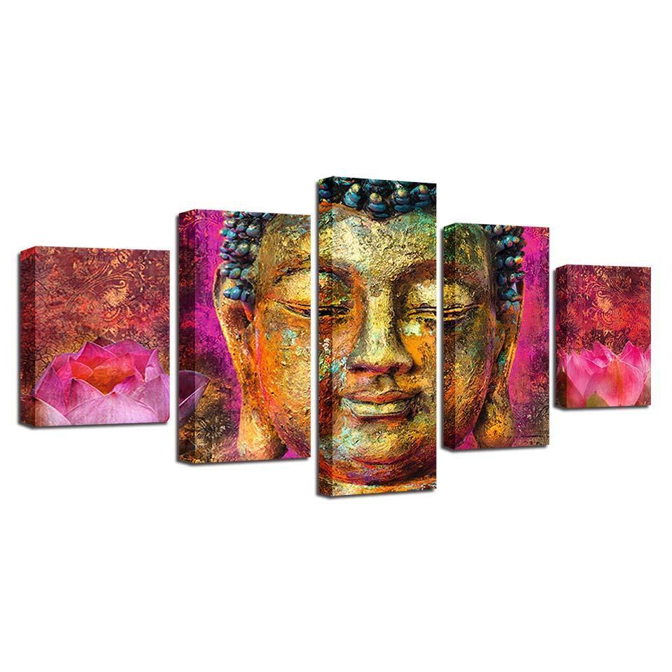 Buddha With Flowers 5 Piece HD Multi Panel Canvas Wall Art Frame-Original Frame
