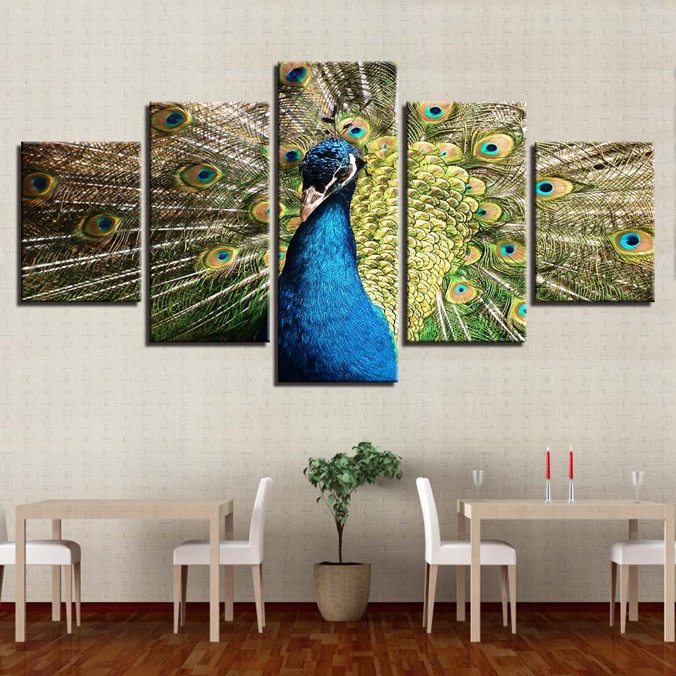 Peacock 5 Piece Multi Panel Canvas Wall Art Frame-Original Frame