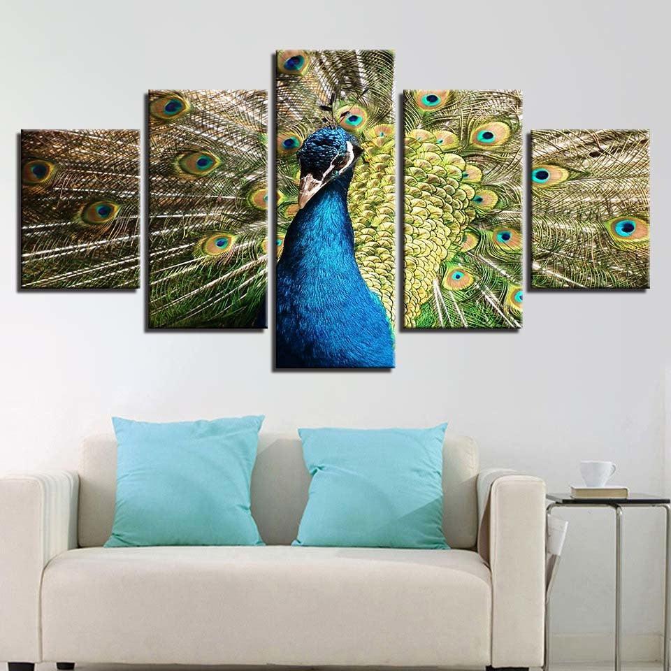 Peacock 5 Piece Multi Panel Canvas Wall Art Frame-Original Frame