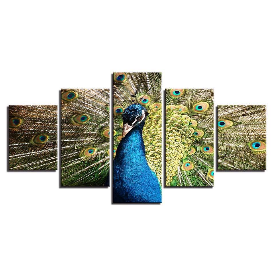 Peacock 5 Piece Multi Panel Canvas Wall Art Frame-Original Frame