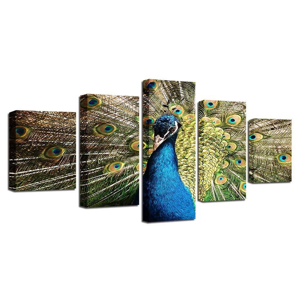 Peacock 5 Piece Multi Panel Canvas Wall Art Frame-Original Frame