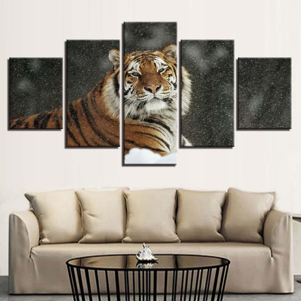 Tiger In Snow 5 Piece HD Multi Panel Canvas Wall Art Frame-Original Frame