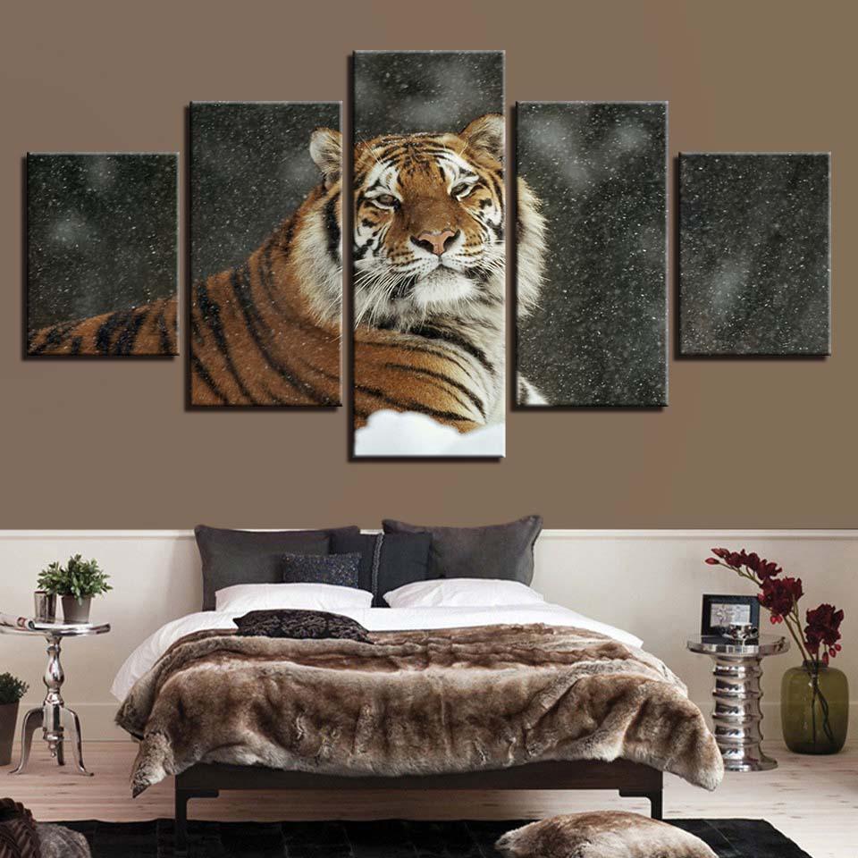Tiger In Snow 5 Piece HD Multi Panel Canvas Wall Art Frame-Original Frame