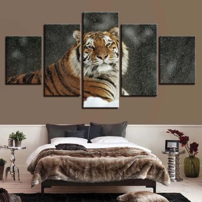 Tiger In Snow 5 Piece HD Multi Panel Canvas Wall Art Frame-Original Frame