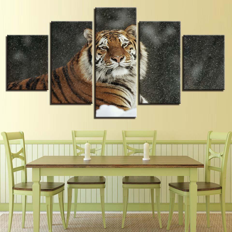 Tiger In Snow 5 Piece HD Multi Panel Canvas Wall Art Frame-Original Frame