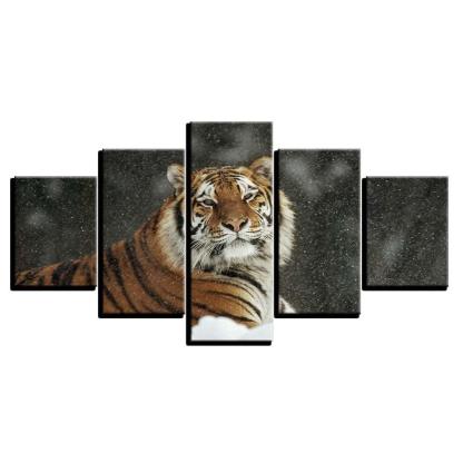 Tiger In Snow 5 Piece HD Multi Panel Canvas Wall Art Frame-Original Frame