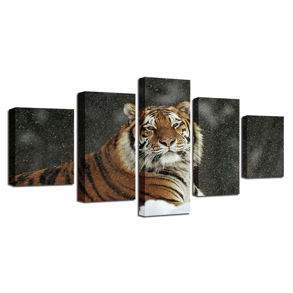 Tiger In Snow 5 Piece HD Multi Panel Canvas Wall Art Frame-Original Frame