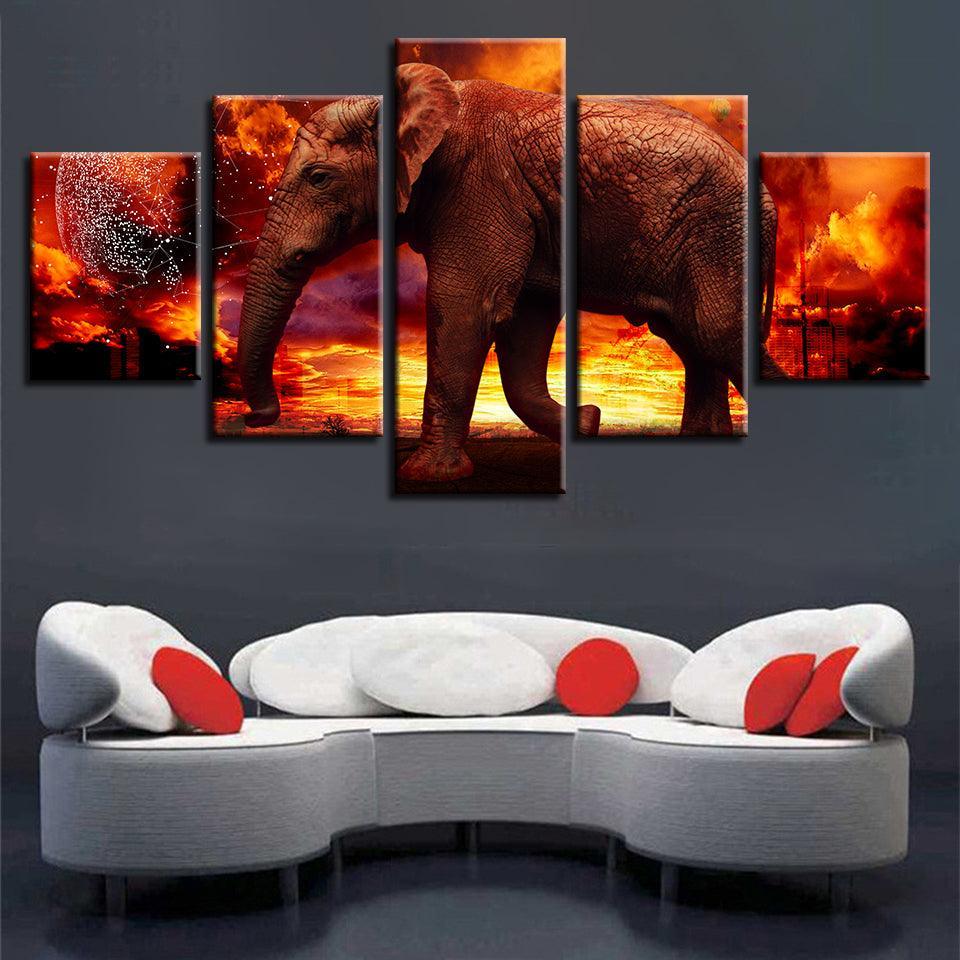Elephant on Fire 5 Piece HD Multi Panel Canvas Wall Art Frame-Original Frame