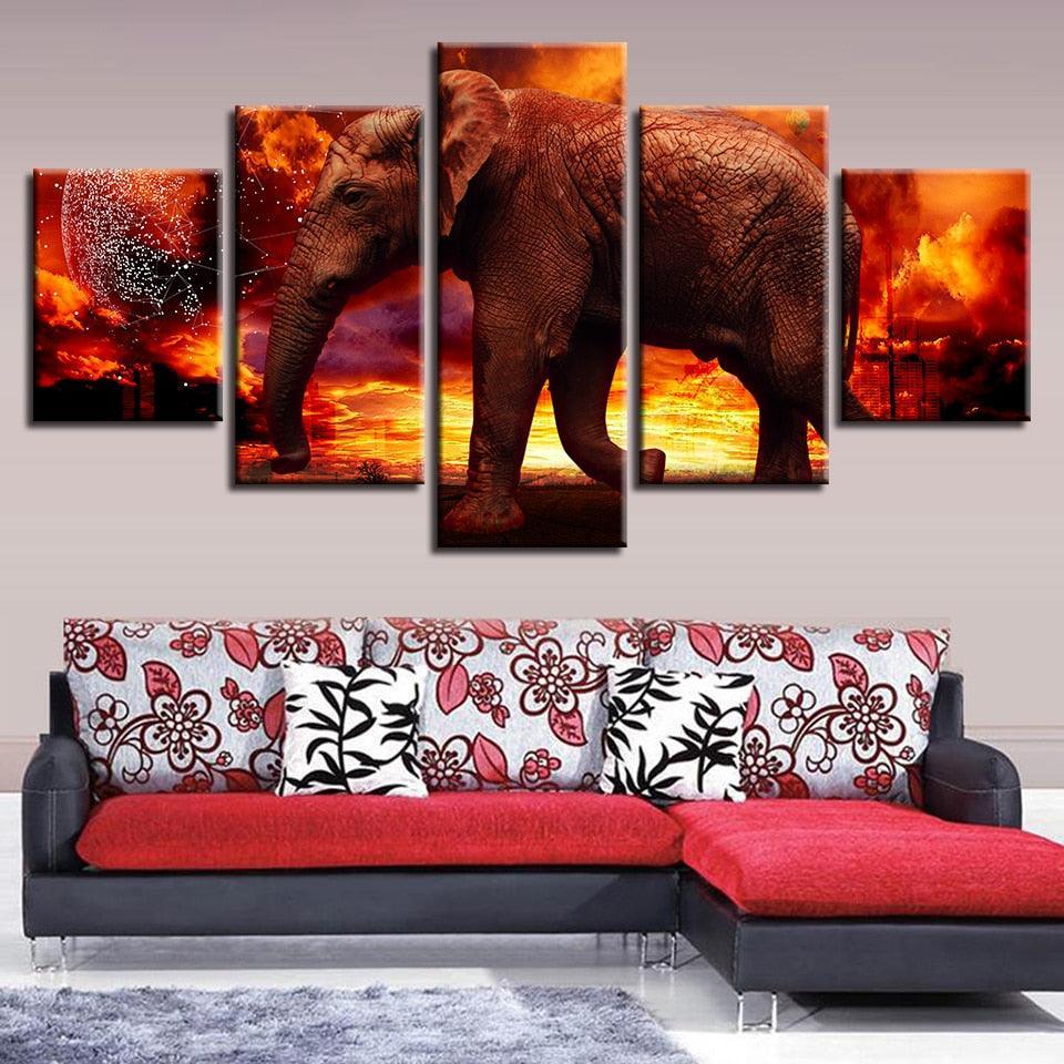 Elephant on Fire 5 Piece HD Multi Panel Canvas Wall Art Frame-Original Frame