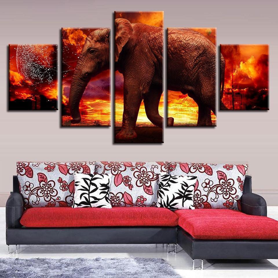 Elephant on Fire 5 Piece HD Multi Panel Canvas Wall Art Frame-Original Frame