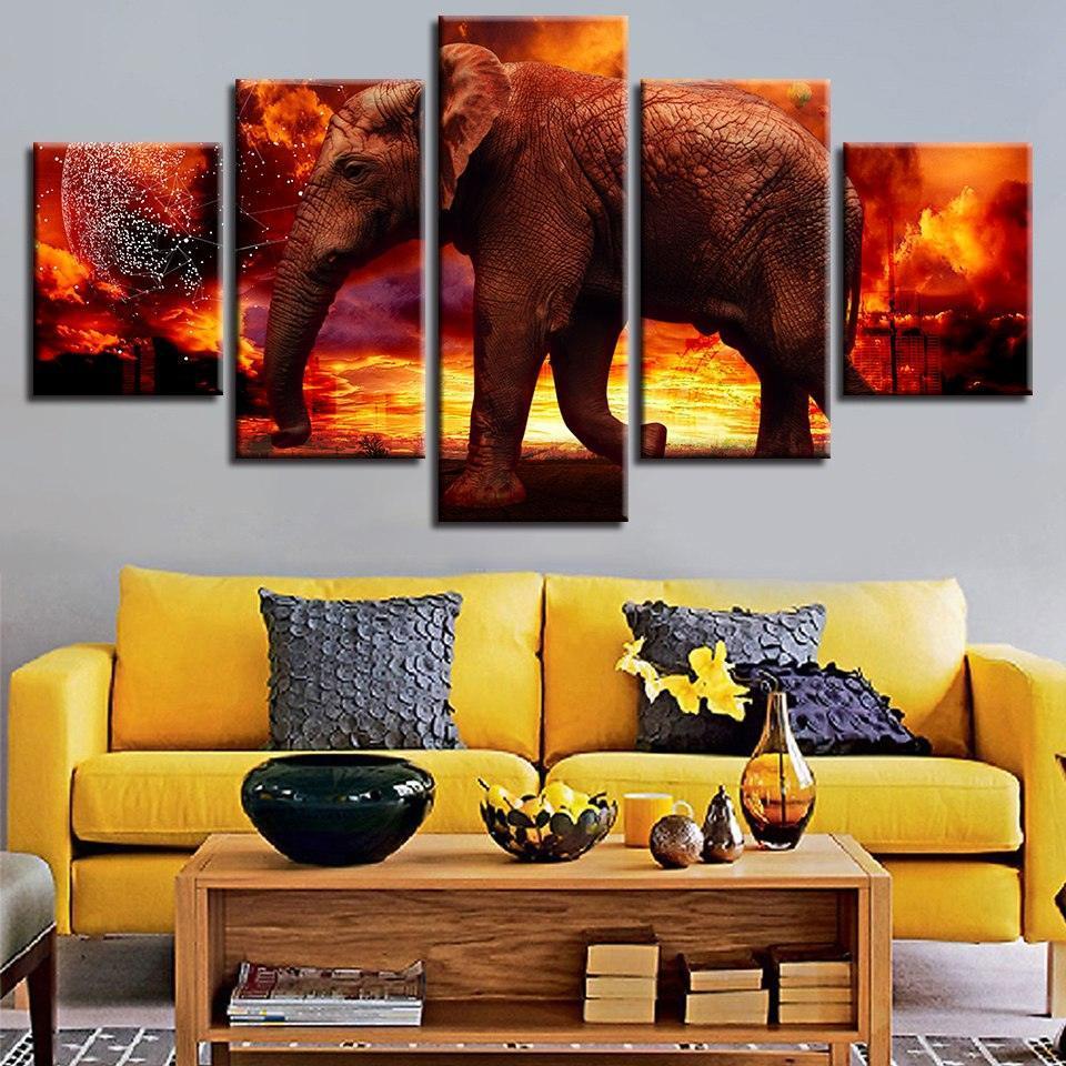 Elephants 5 Piece HD Multi Panel Canvas Wall Art Frame-Original Frame