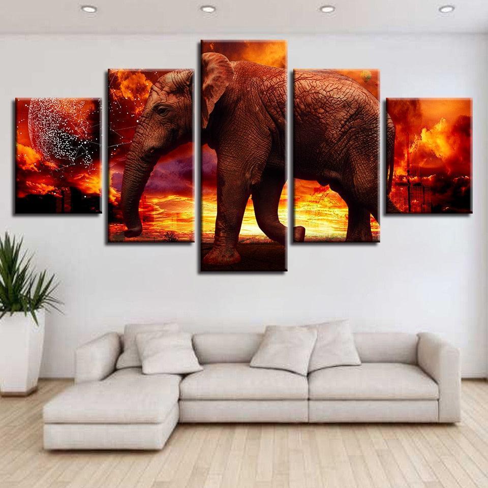 Elephant on Fire 5 Piece HD Multi Panel Canvas Wall Art Frame-Original Frame