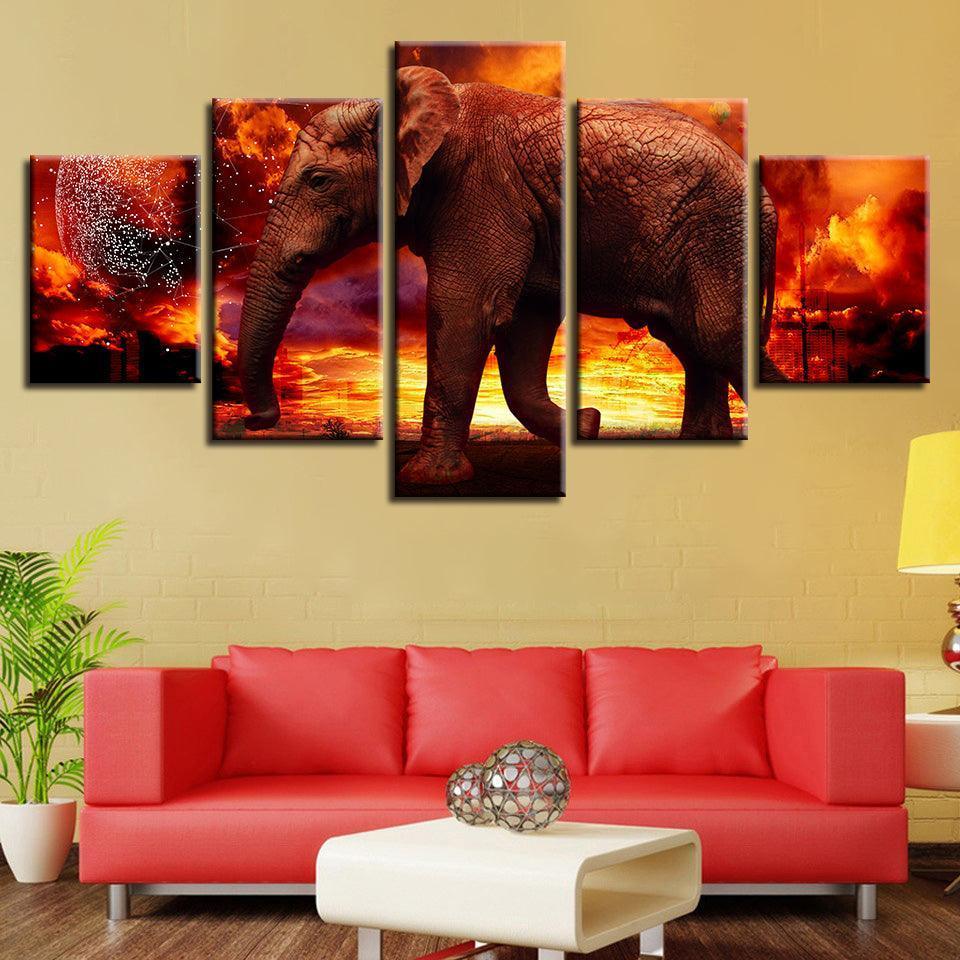 Elephant on Fire 5 Piece HD Multi Panel Canvas Wall Art Frame-Original Frame